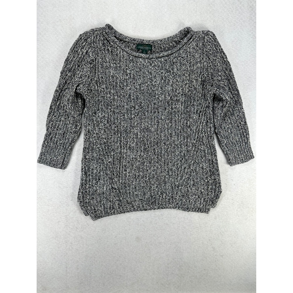 Lauren Ralph Lauren Womens L Black White Marled Cotton 3/4 Sleeve Knit Sweater